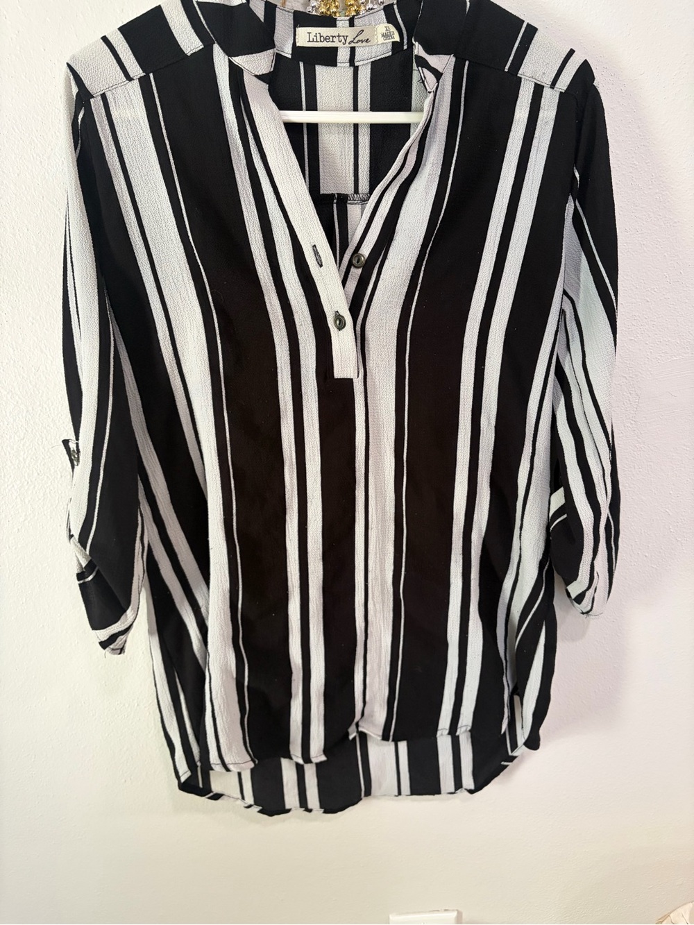 Liberty Love Black & White Vertical Stripe Henley Blouse